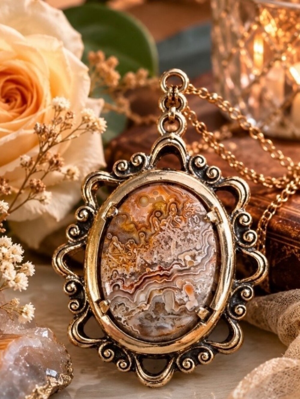 Vintage Agate Pendant Gold Tone Filigree Setting Oval Stone Boho Statement